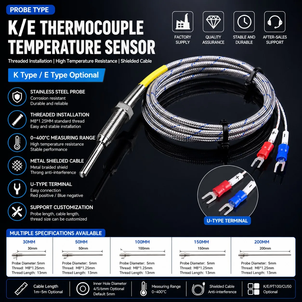 Probe Type K/E Thermocouple Threaded Temperature Sensor with Metal Shielded Cable