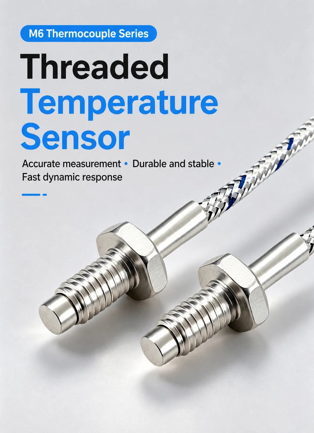 M6 threaded temperature sensor probe installed on industrial heating equipment