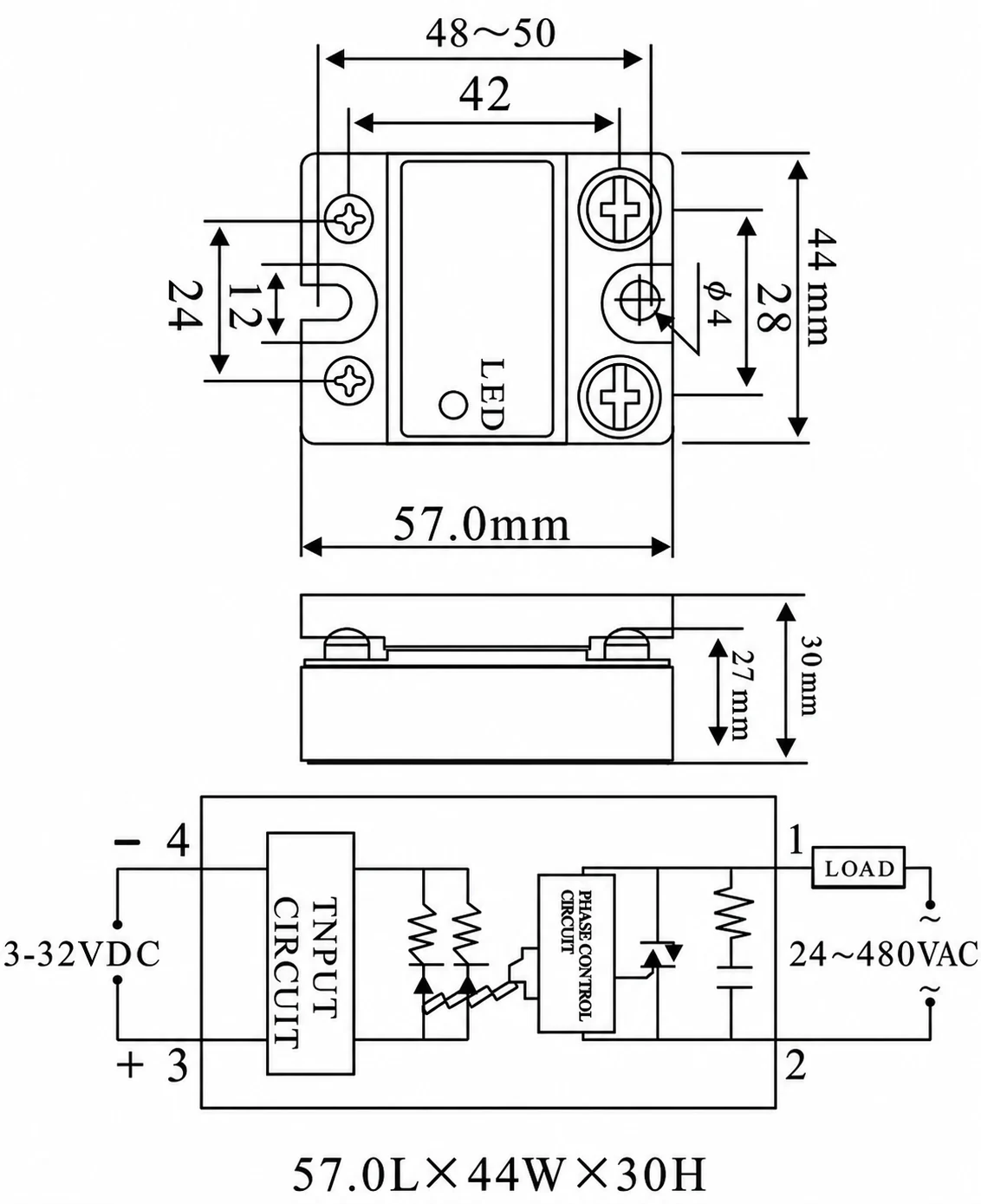 SSR-DA Series solid state relay dimensions (57.0L x 44W x 30H mm) and internal wiring diagram