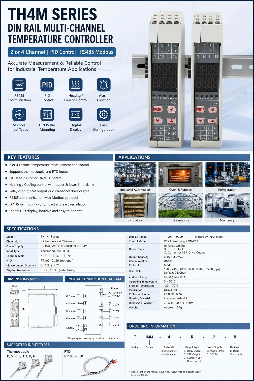 TH4M DIN Rail Multi-Channel PID Temperature Controller with RS485 Modbus