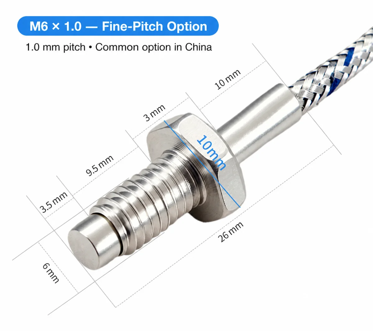 M6 x 1.0 fine-pitch threaded thermocouple probe dimensions in millimetres
