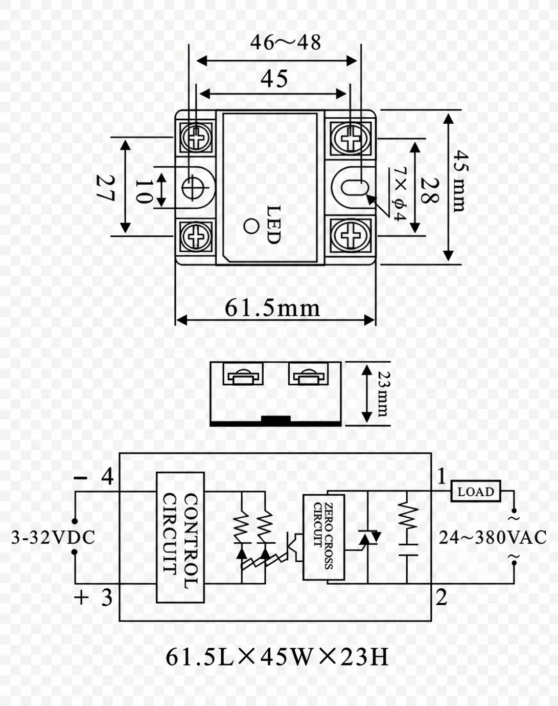 Dimensiones y diagrama de cableado del relé de estado sólido SSR-DA