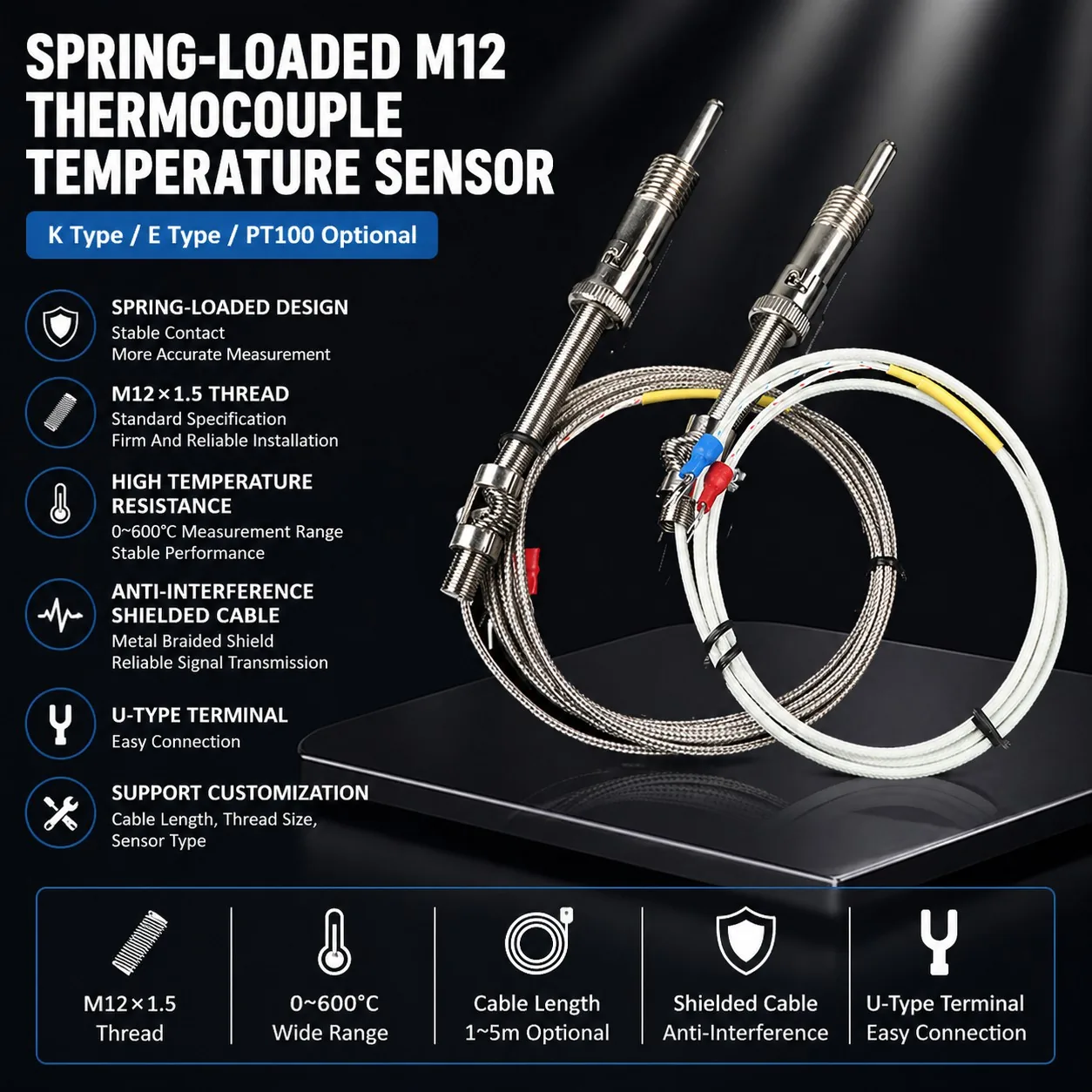 Spring-Loaded M12 K/E Type Thermocouple Temperature Sensor for Injection Molding Machines