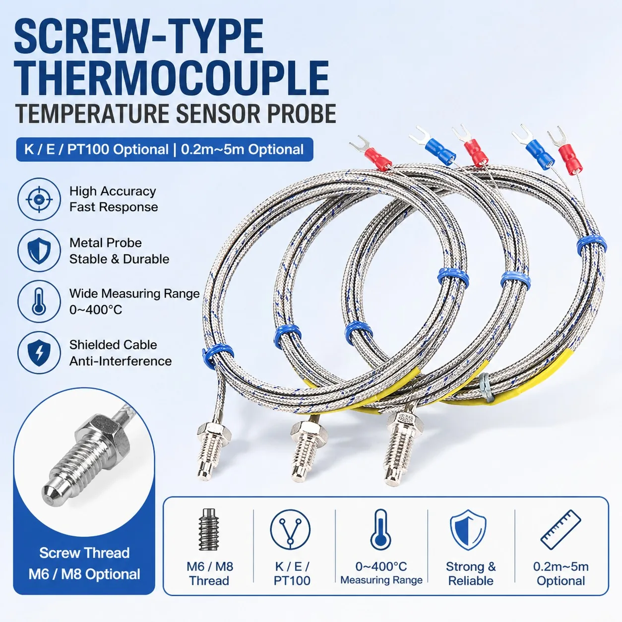 Screw-Type K/E/PT100 Thermocouple Temperature Sensor Probe M6 M8