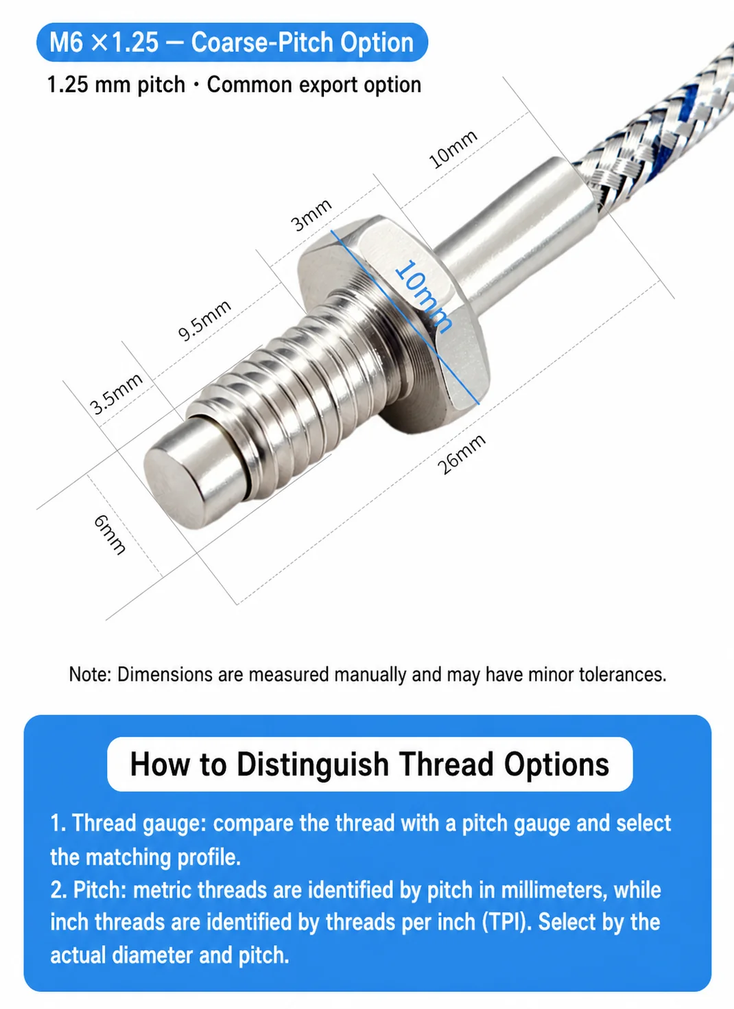 M6 x 1.25 coarse-pitch threaded thermocouple probe dimensions and thread identification tips
