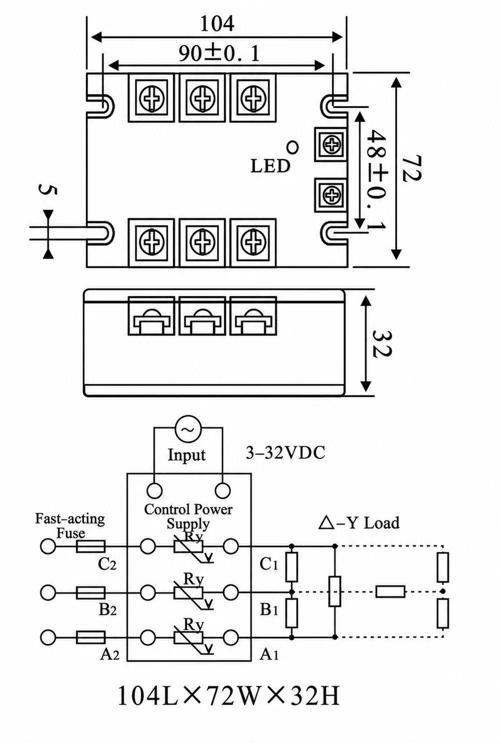 SSR3 Three Phase Solid State Relay Dimensions and Wiring Diagram