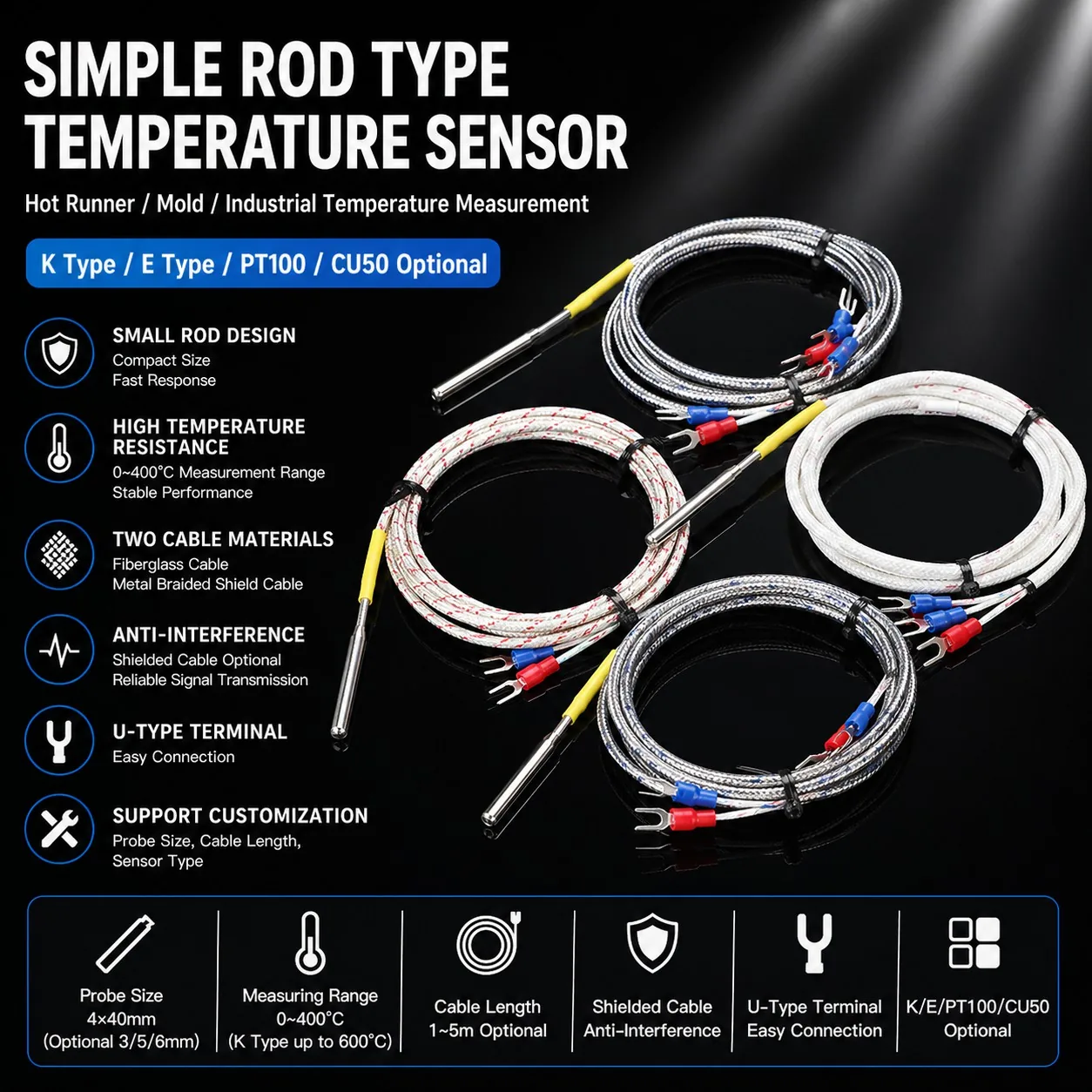 Simple Rod Type K/E Thermocouple PT100 Stainless Steel Temperature Sensor