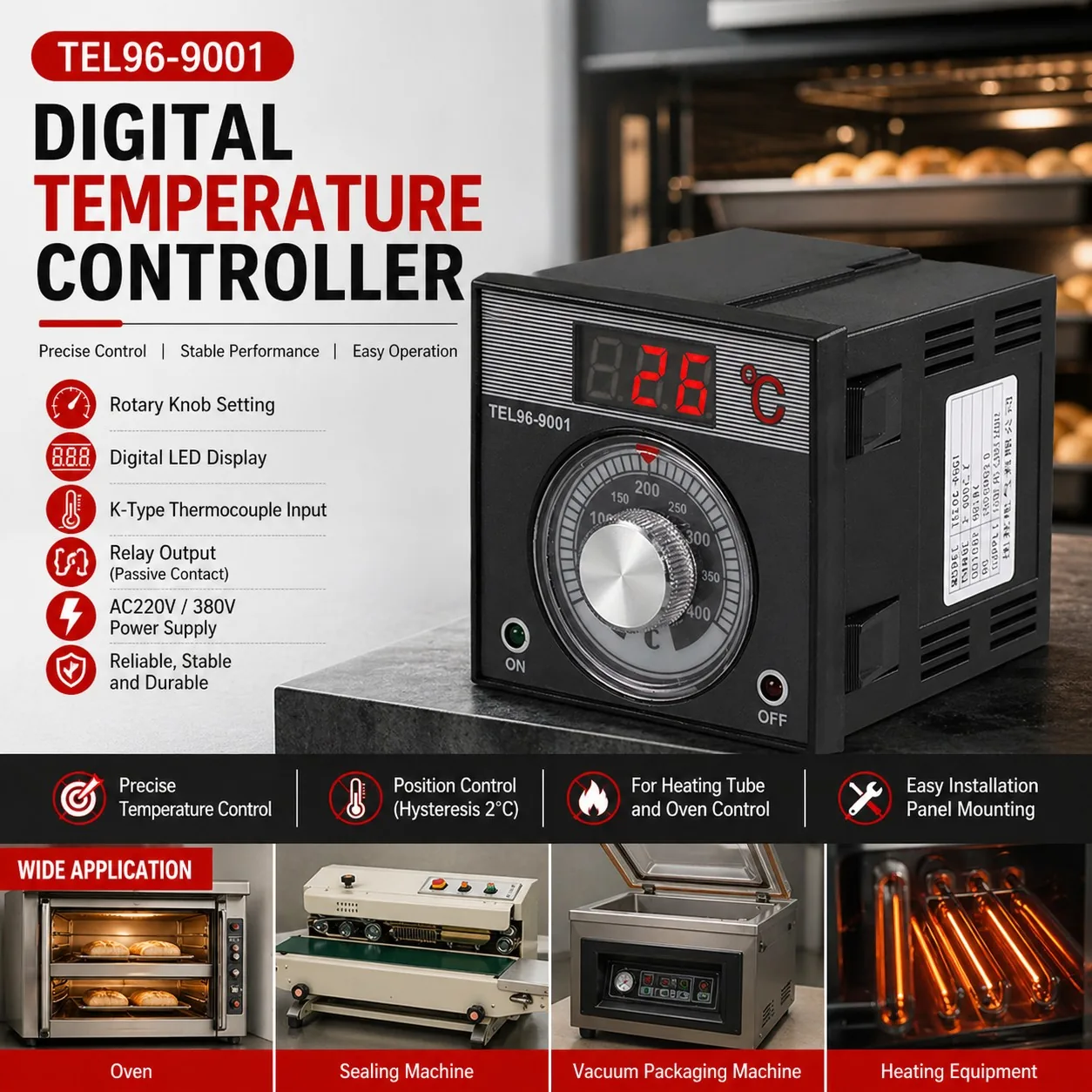 TEL96-9001 Digital Temperature Controller for Oven and Heating Equipment
