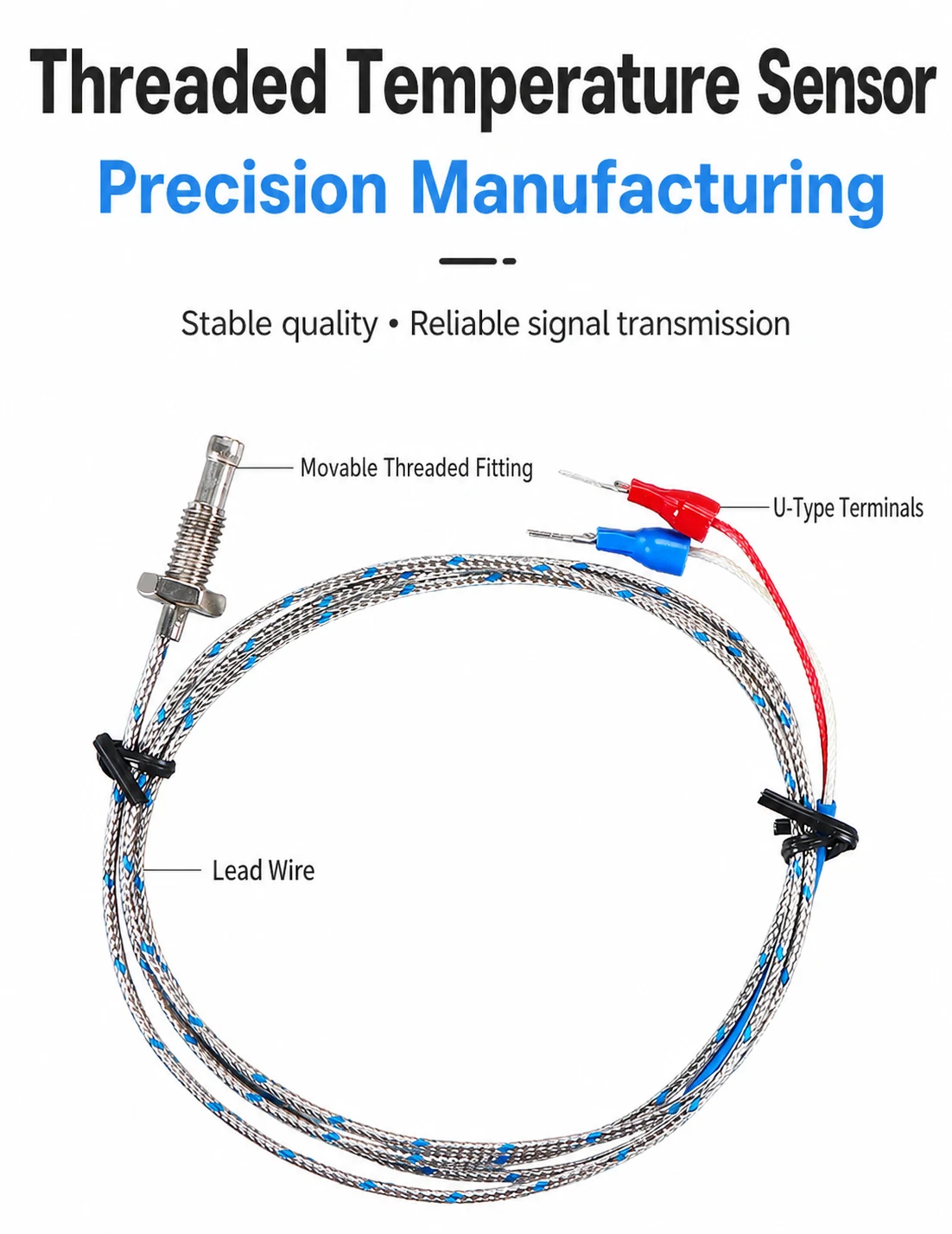 Threaded temperature sensor components: threaded ring, element, lead and terminals