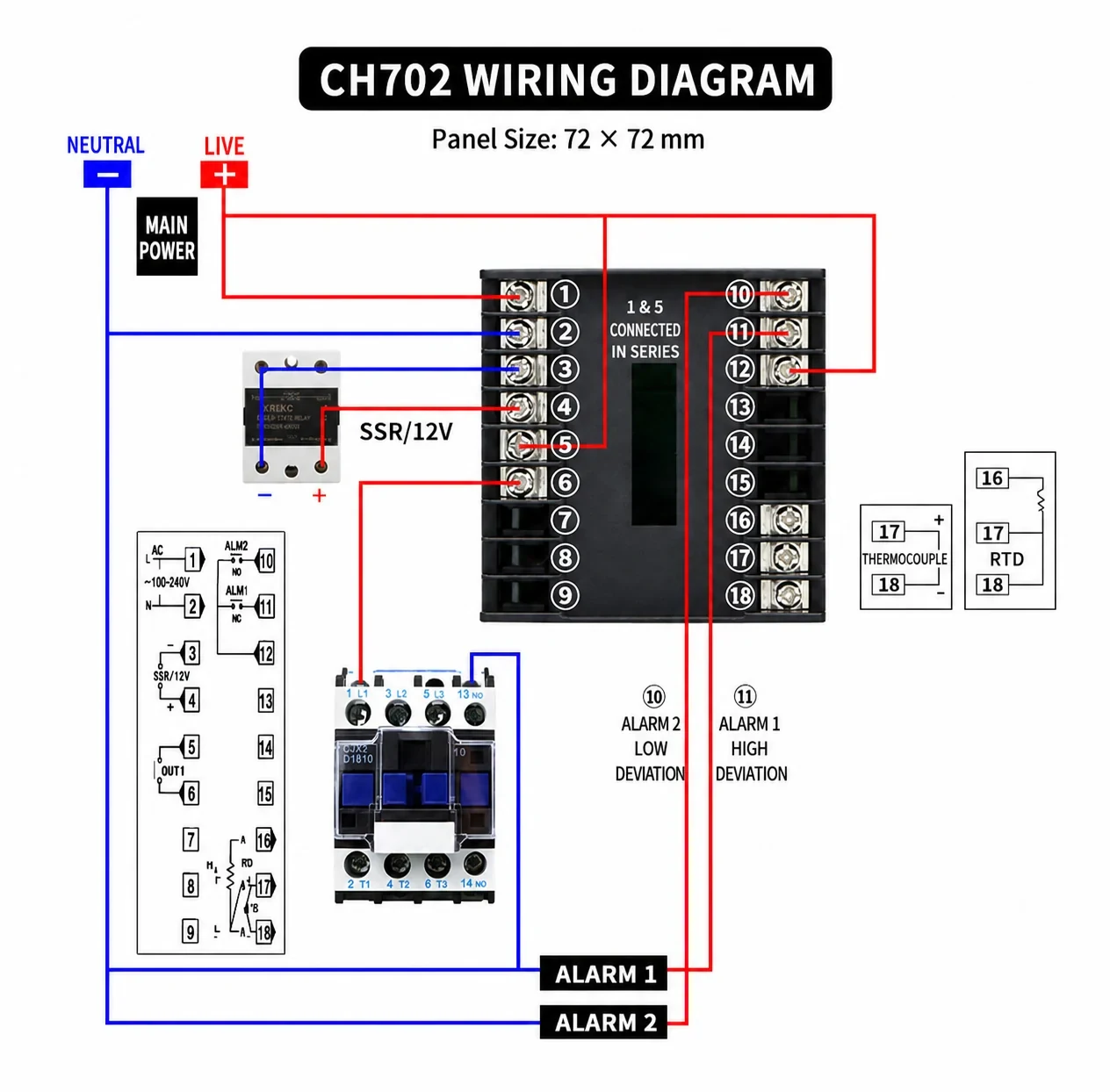 CH702 PID temperature controller wiring diagram showing AC power, contactor, SSR, alarm, thermocouple and Pt100 connections