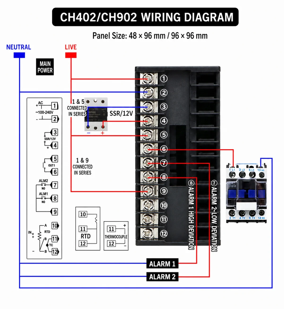 CH402 and CH902 PID temperature controller wiring diagram showing AC power, contactor, SSR, alarm, thermocouple and Pt100 connections