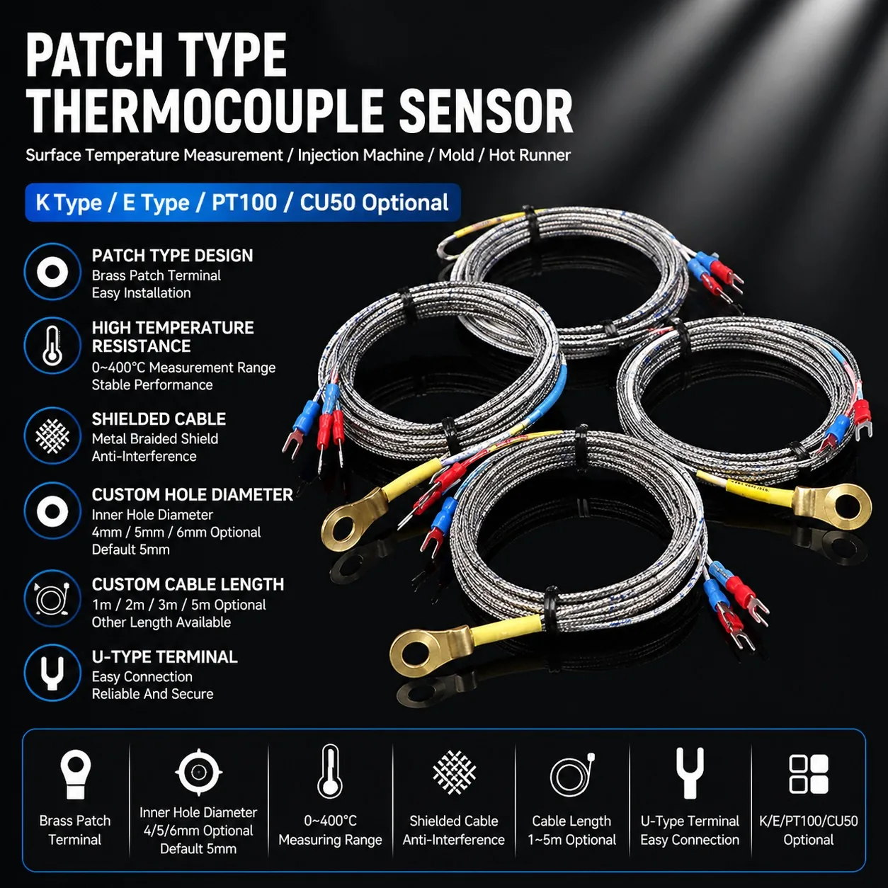 Custom K/E Type High-Temperature Patch Thermocouple Temperature Sensor
