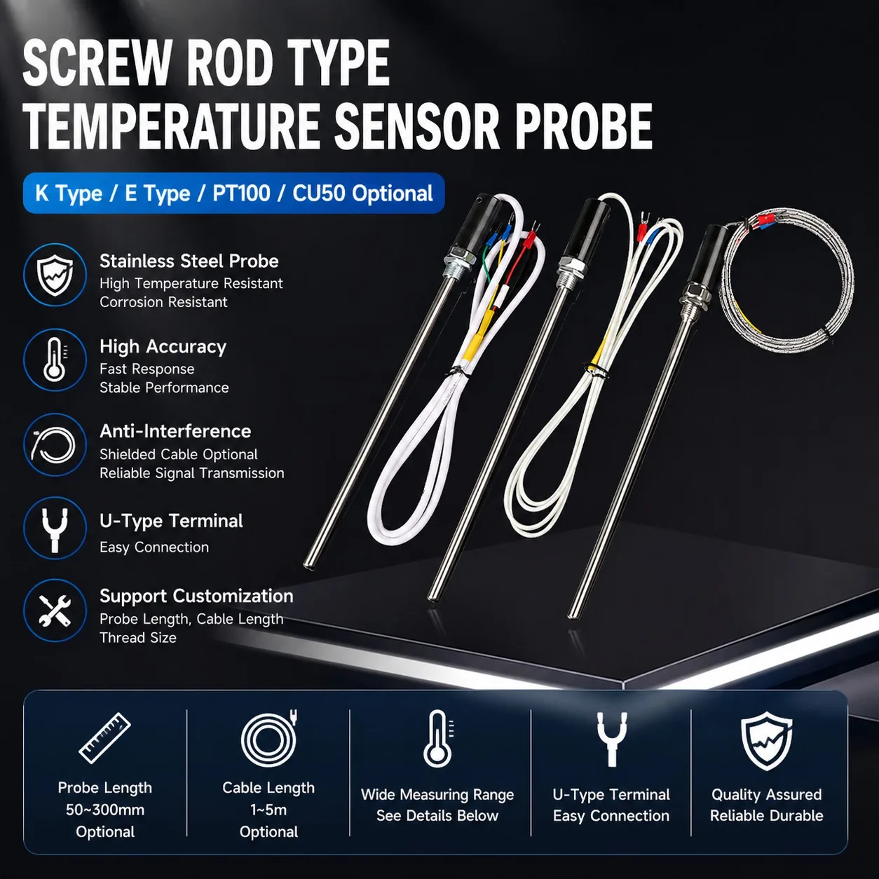 Screw Rod Stainless Steel Thermocouple K Type PT100 Temperature Sensor Probe
