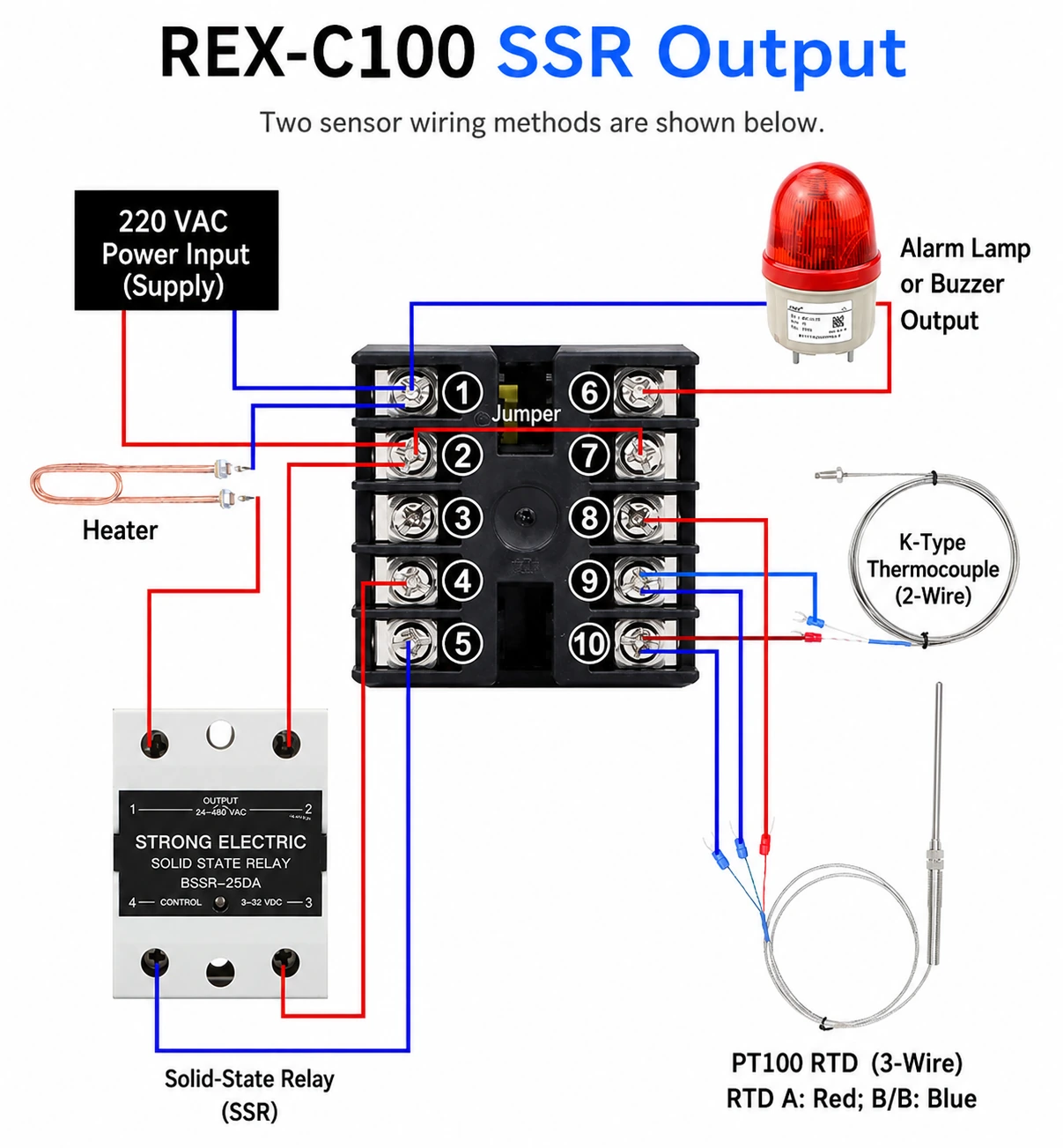 REX-C100 and Strong Electric BSSR-25DA solid-state relay wiring diagram