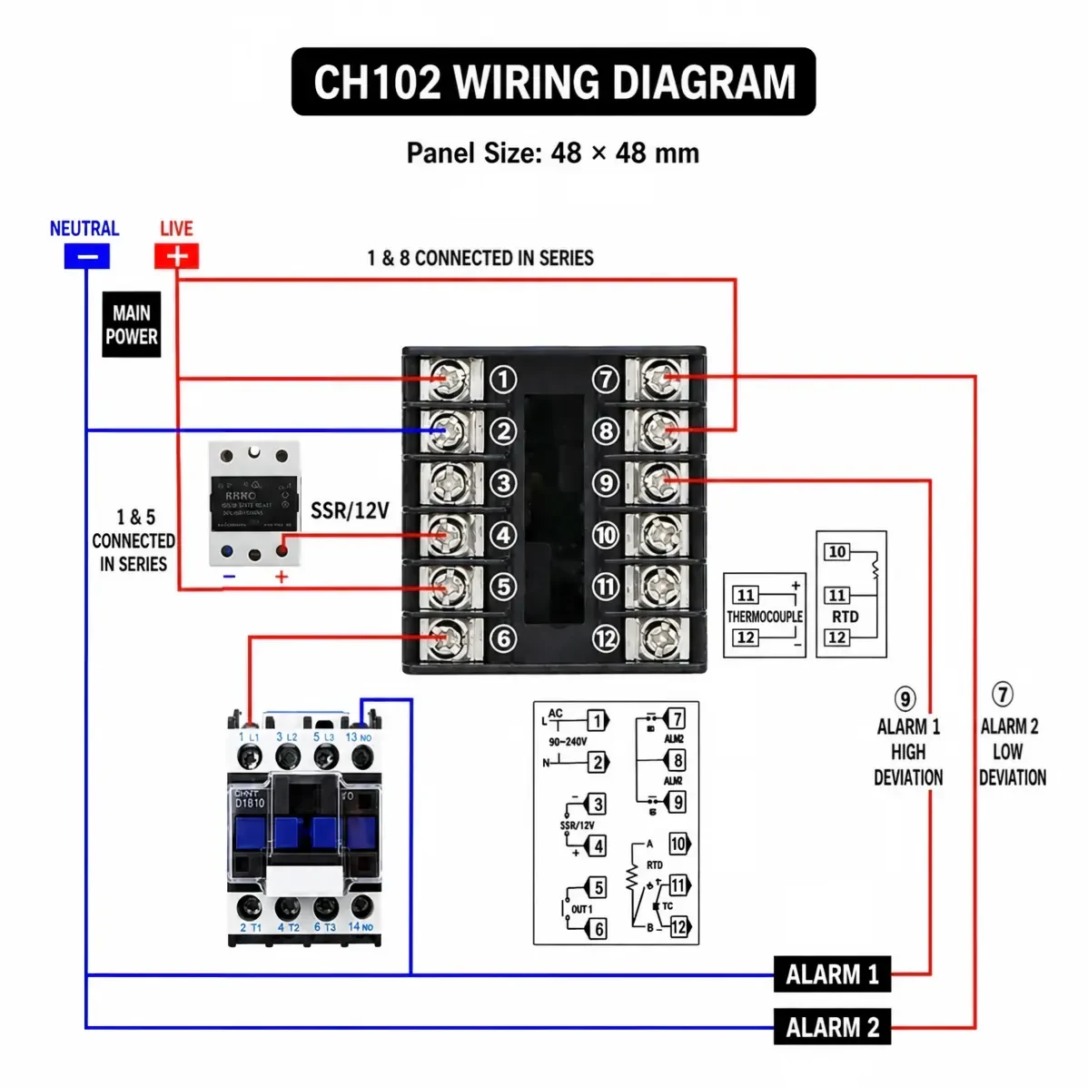 CH102 PID temperature controller wiring diagram showing AC power, contactor, SSR, alarm, thermocouple and Pt100 connections