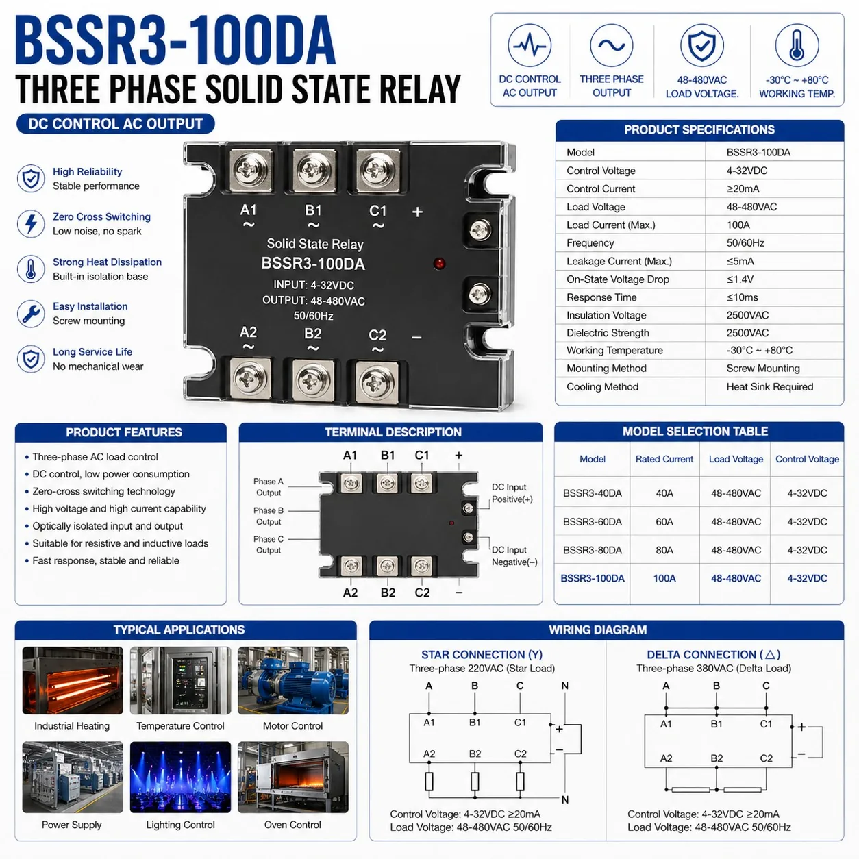 BSSR3 Three Phase Solid State Relay BSSR3-40A 60A 80A 100A 120A